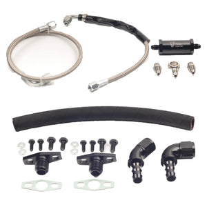 Demon Pro Parts Braided Stainless Steel Oil Feed Line with inline oil filter and Demon Pro Parts Oil Drain kit with AN Fittings